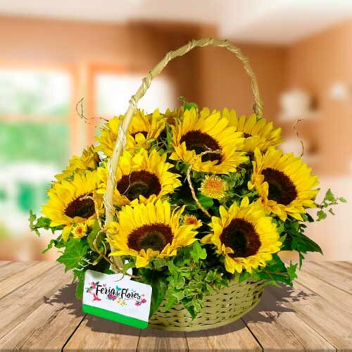 Floral Basket with 12 Sunflowers